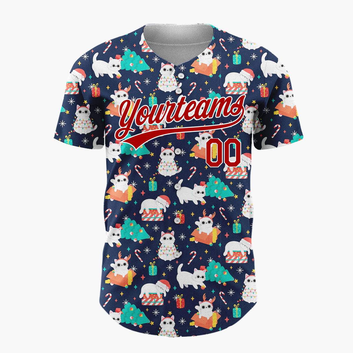 Custom Navy Red Cats Gifts And Trees Playful Christmas Baseball Jersey