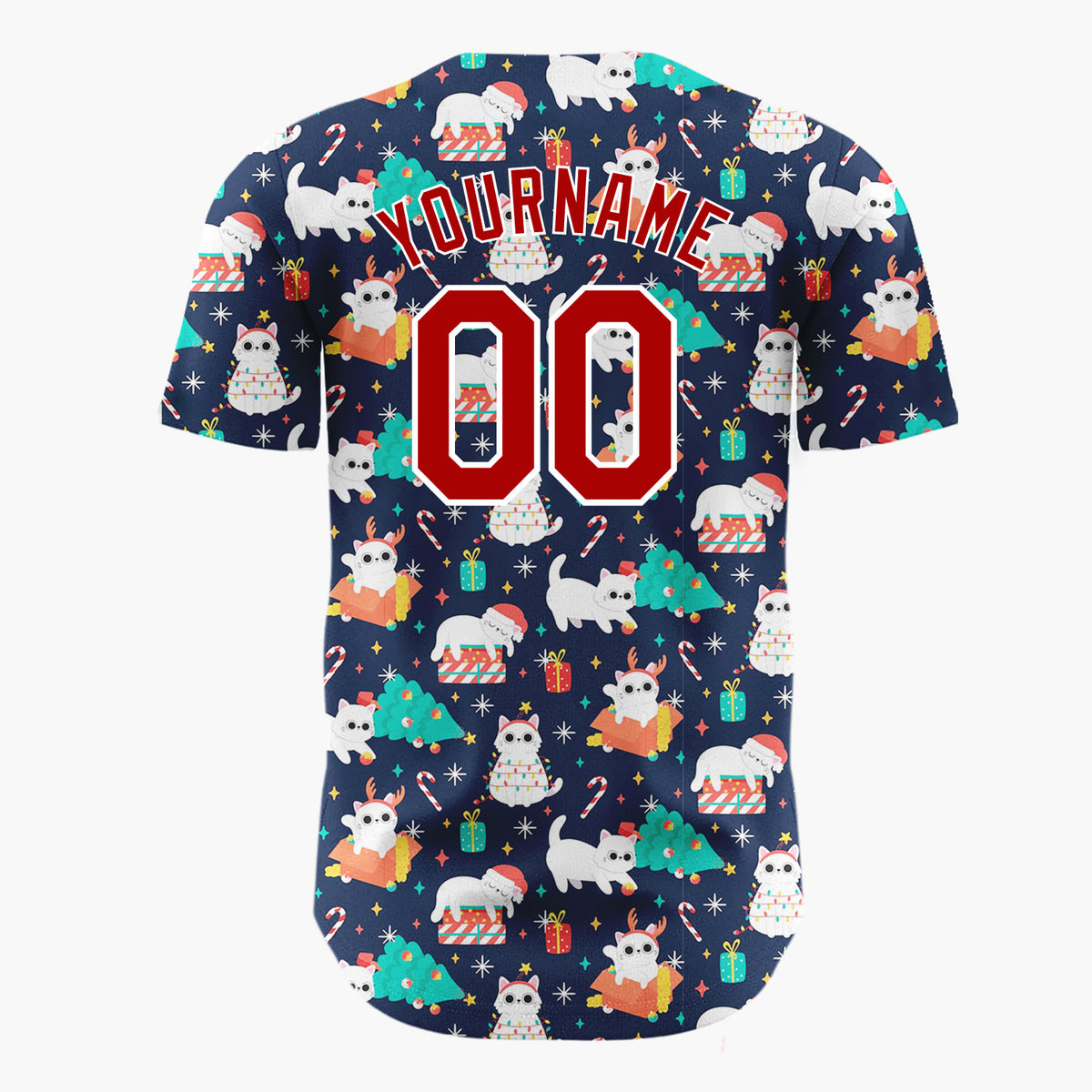 Custom Navy Red Cats Gifts And Trees Playful Christmas Baseball Jersey