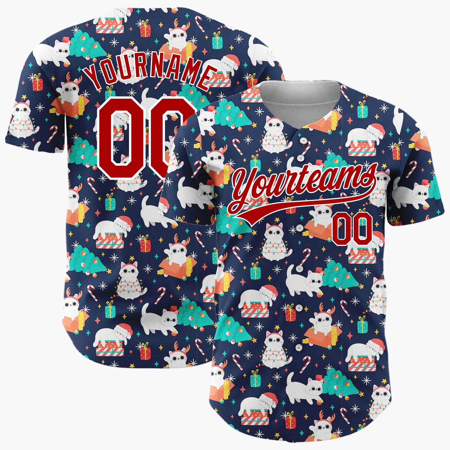 Custom Navy Red Cats Gifts And Trees Playful Christmas Baseball Jersey