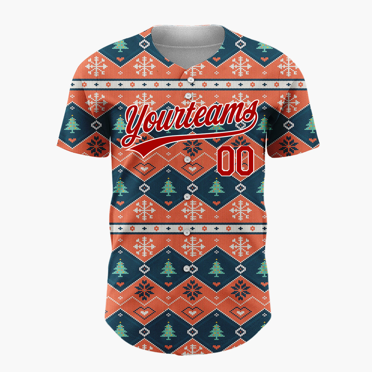 Custom Orange Blue White Geometric Tree Nordic Knit Pattern Christmas Baseball Jersey