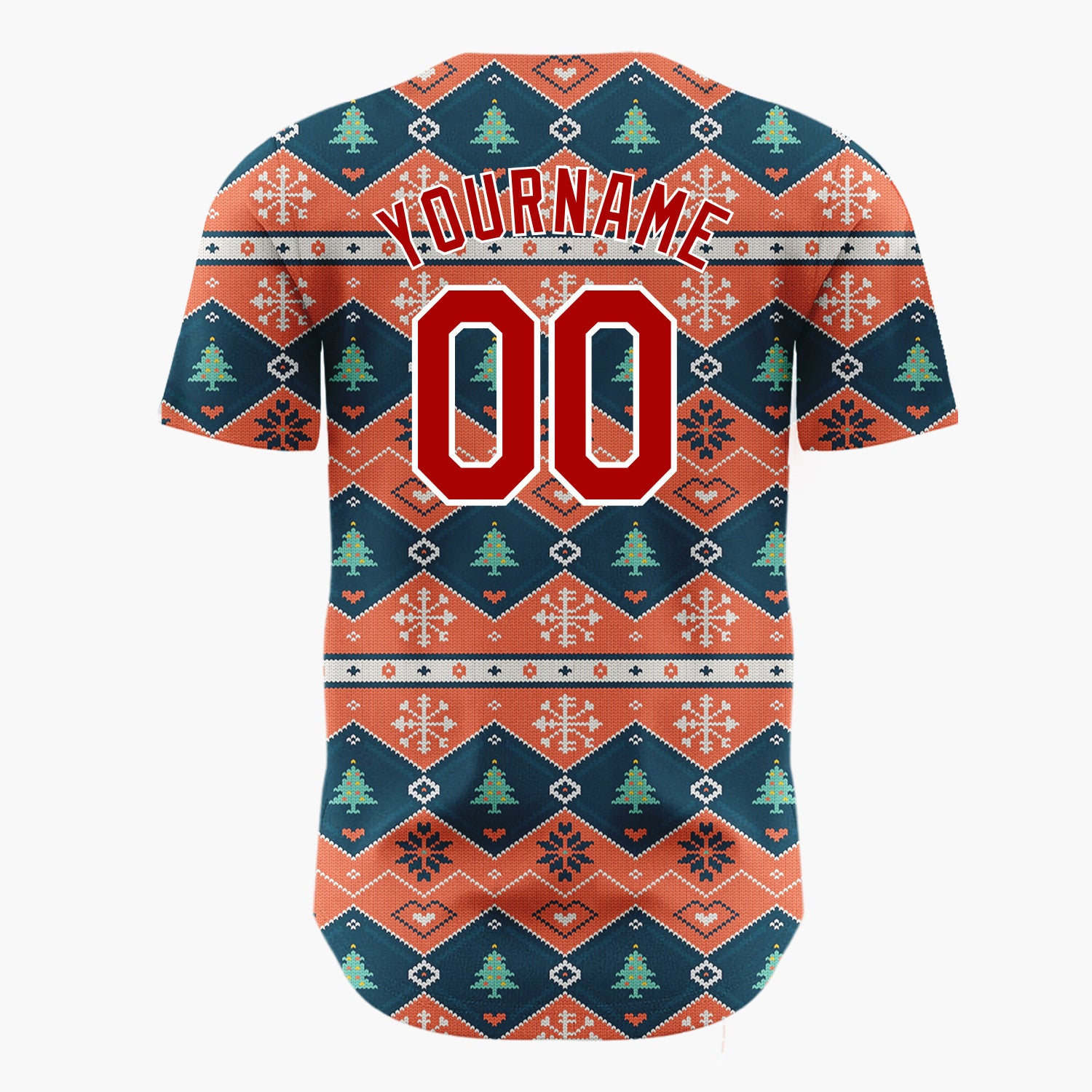 Custom Orange Blue White Geometric Tree Nordic Knit Pattern Christmas Baseball Jersey