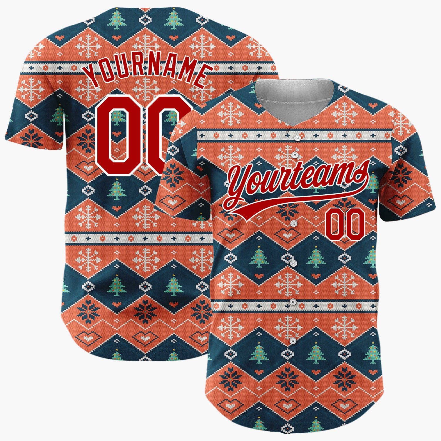 Custom Orange Blue White Geometric Tree Nordic Knit Pattern Christmas Baseball Jersey