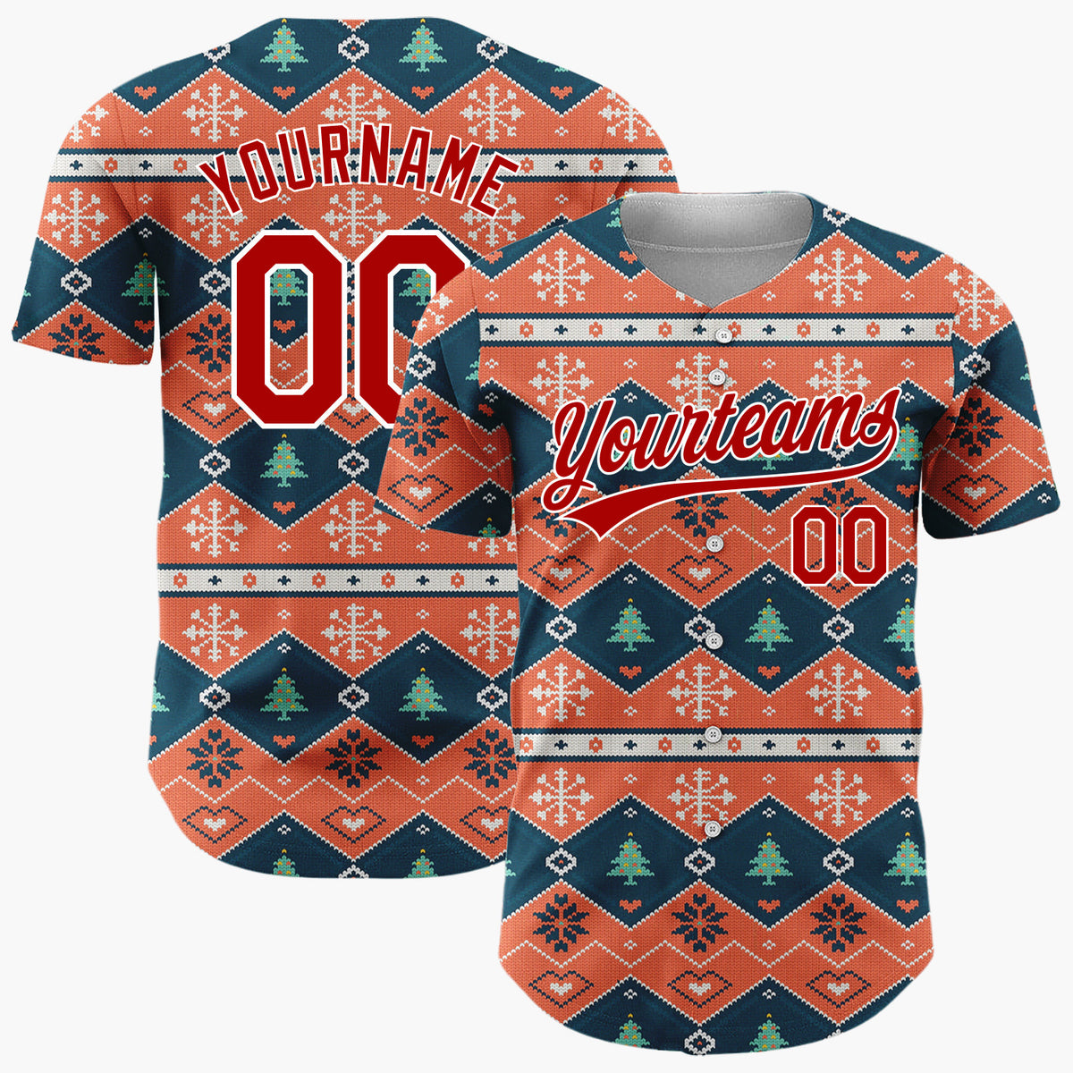 Custom Orange Blue White Geometric Tree Nordic Knit Pattern Christmas Baseball Jersey