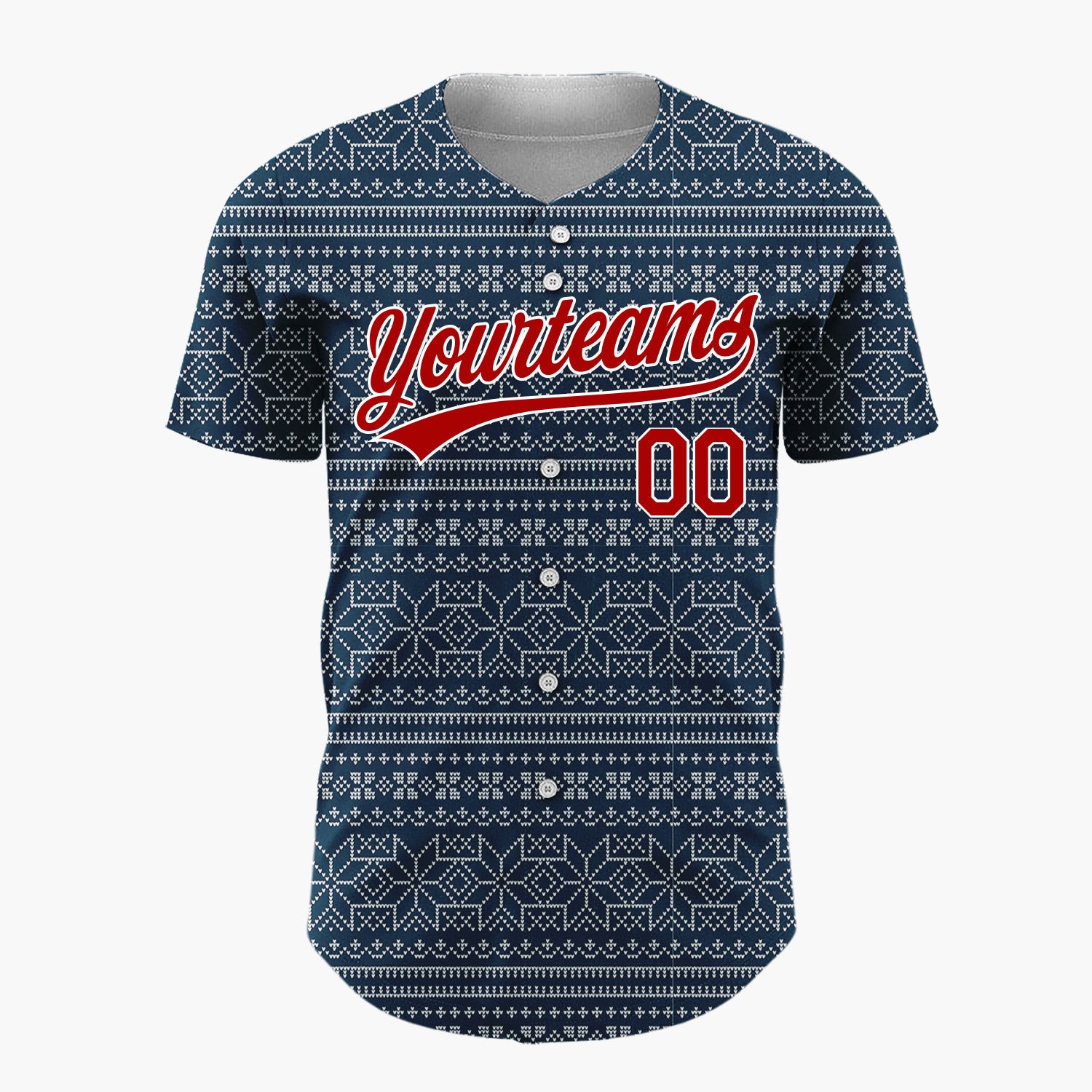 Custom Navy White Geometric Snowflake Nordic Fair Isle Pattern Christmas Baseball Jersey