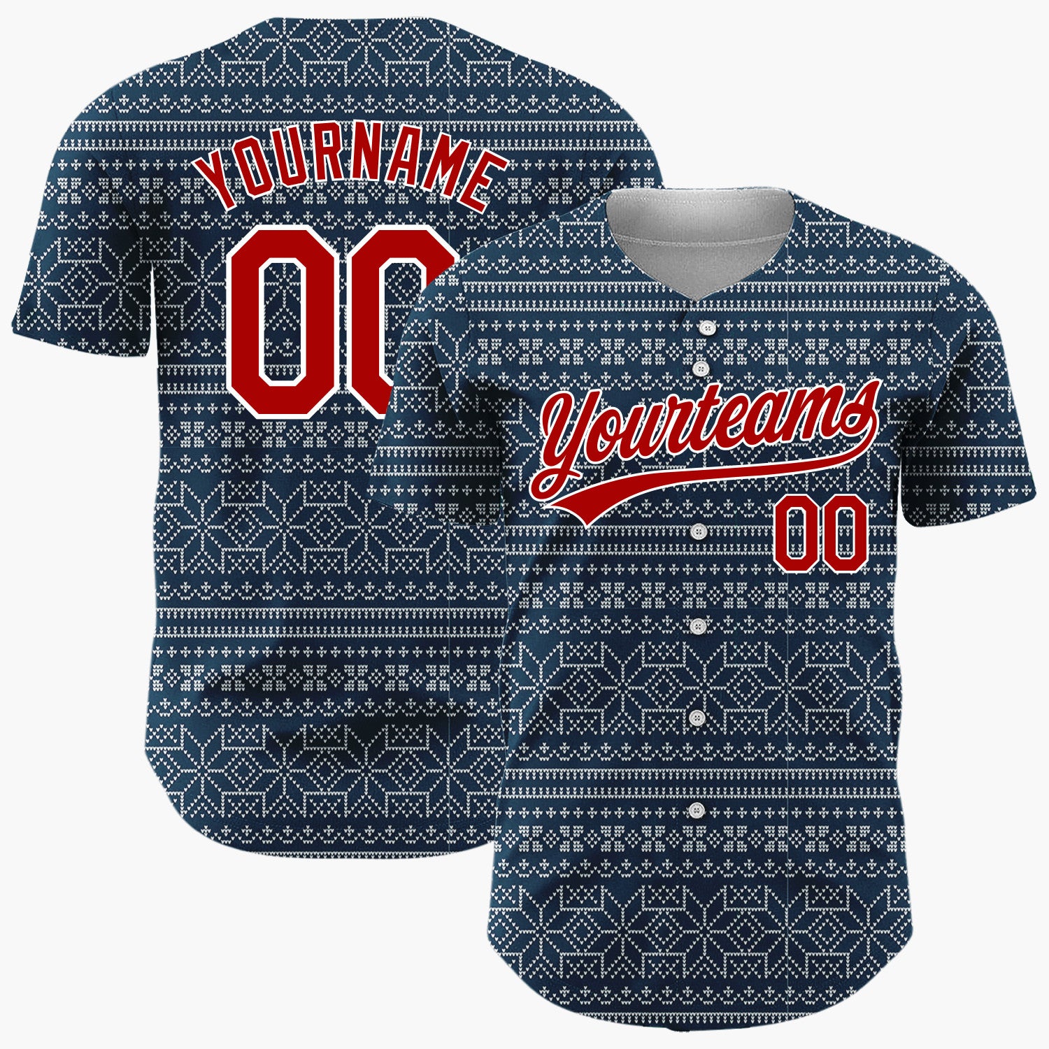 Custom Navy White Geometric Snowflake Nordic Fair Isle Pattern Christmas Baseball Jersey