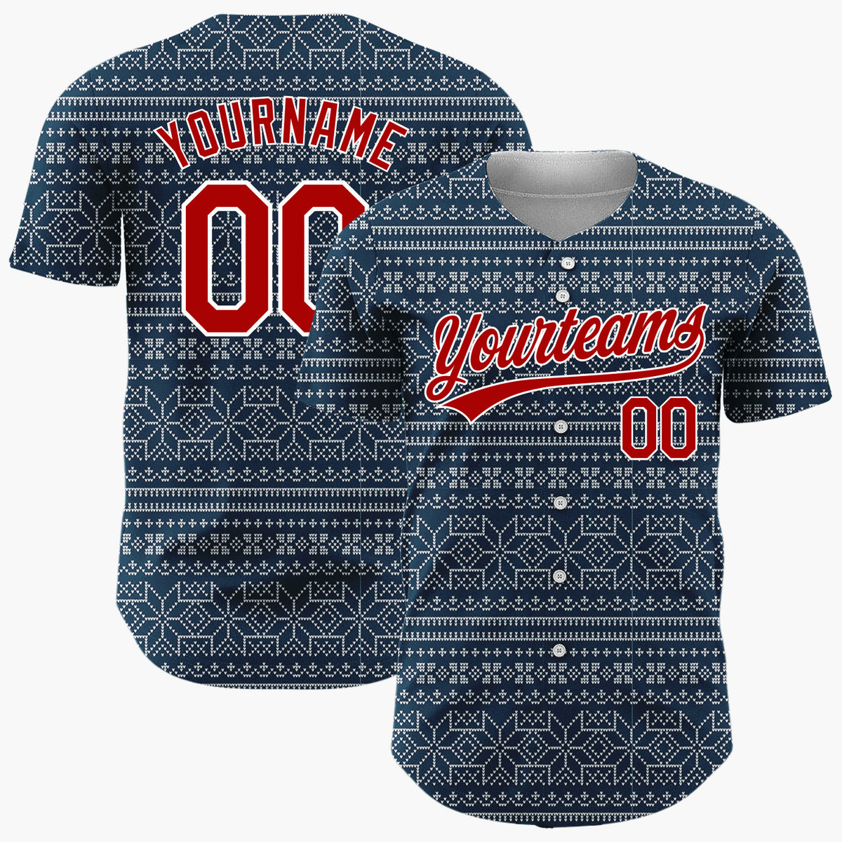 Custom Navy White Geometric Snowflake Nordic Fair Isle Pattern Christmas Baseball Jersey