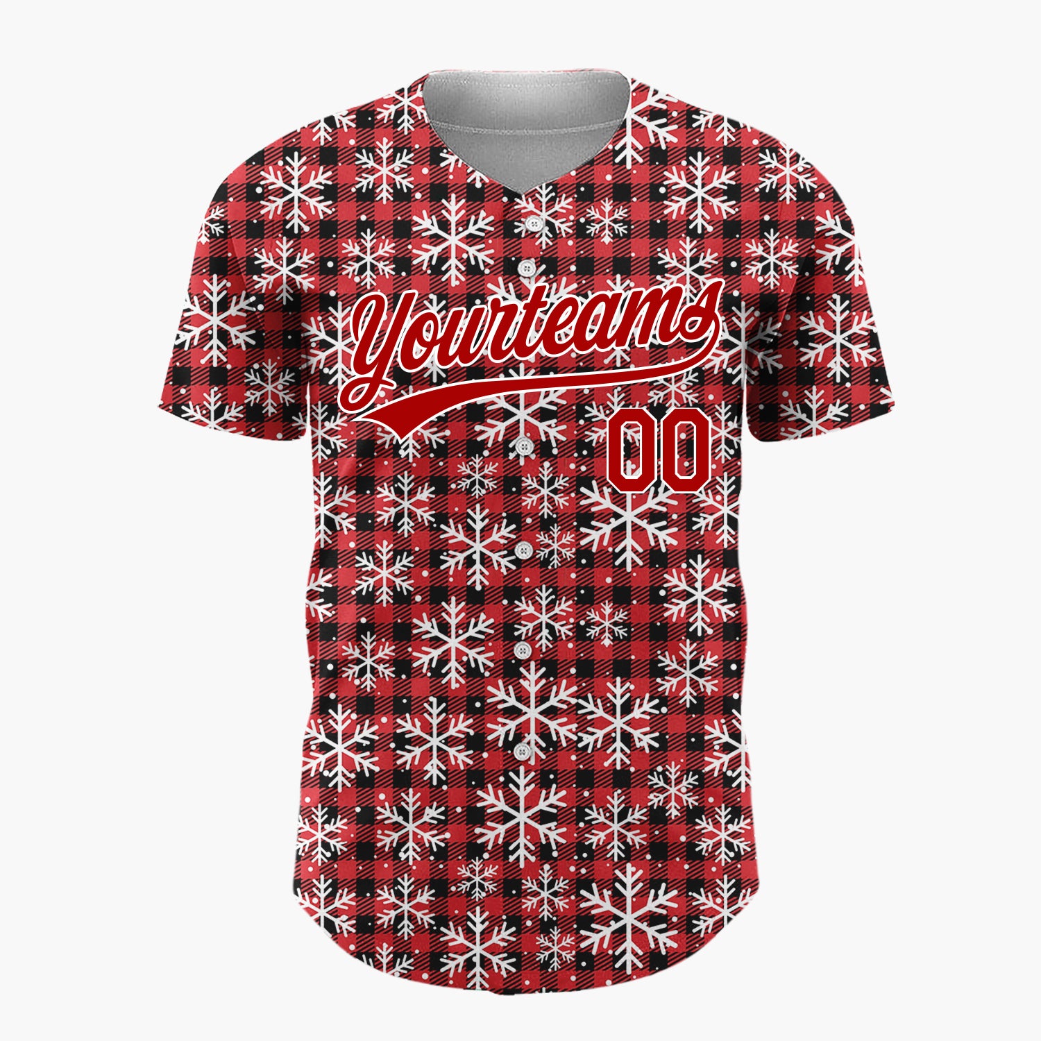 Custom Red Black Snowflakes Buffalo Plaid Pattern Christmas Baseball Jersey