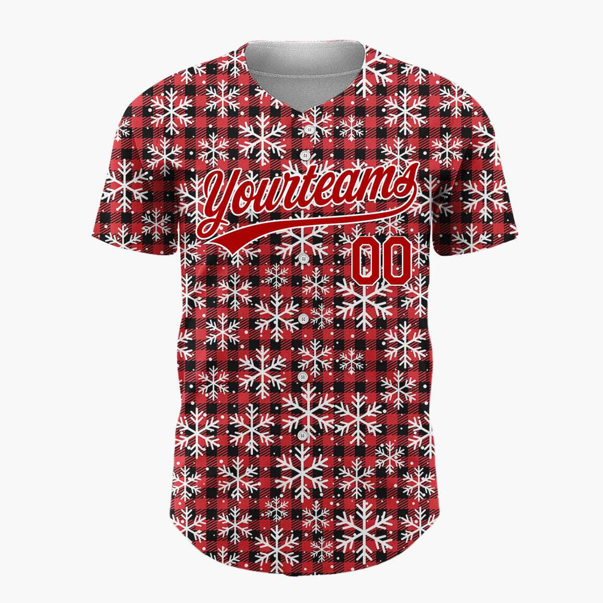 Custom Red Black Snowflakes Buffalo Plaid Pattern Christmas Baseball Jersey