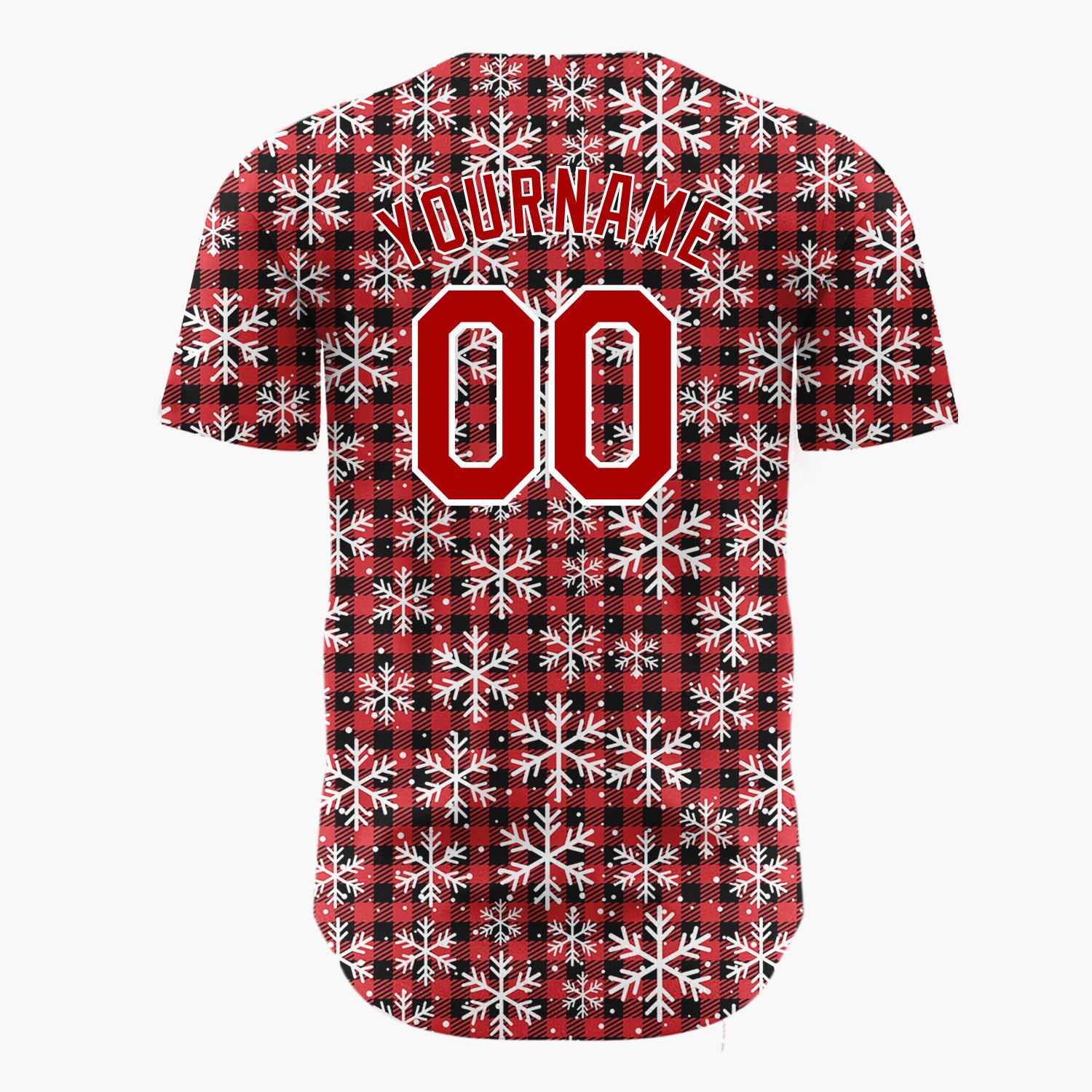 Custom Red Black Snowflakes Buffalo Plaid Pattern Christmas Baseball Jersey