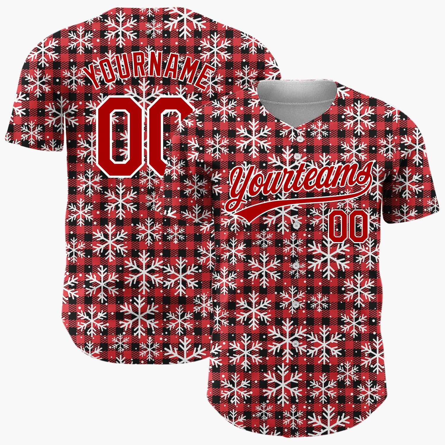 Custom Red Black Snowflakes Buffalo Plaid Pattern Christmas Baseball Jersey