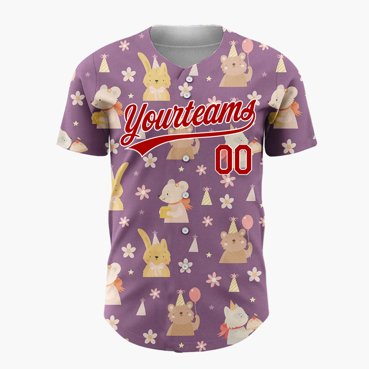Custom Purple Yellow Cute Animals With Balloons And Flowers Birthday Party Pattern Christmas Baseball Jersey