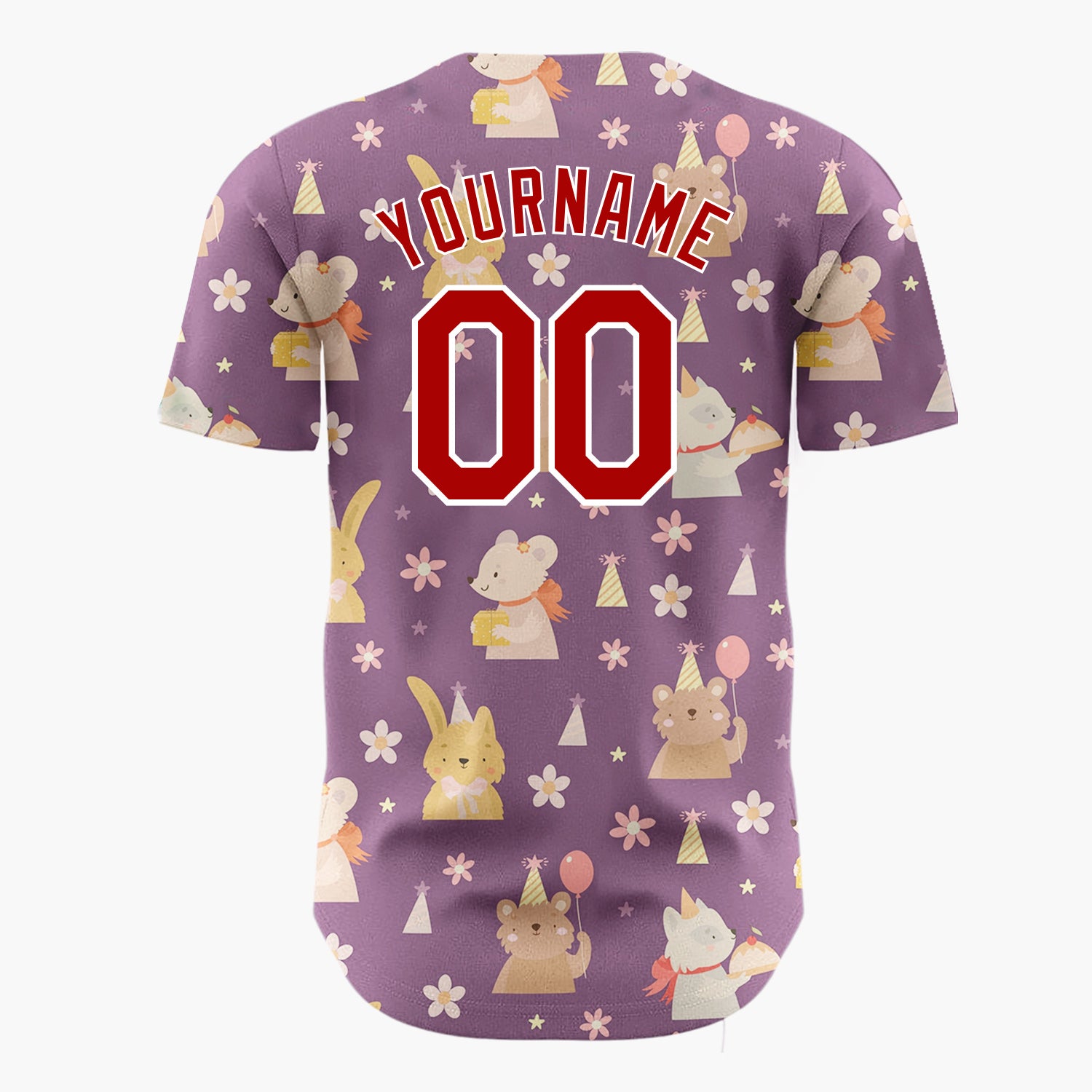 Custom Purple Yellow Cute Animals With Balloons And Flowers Birthday Party Pattern Christmas Baseball Jersey
