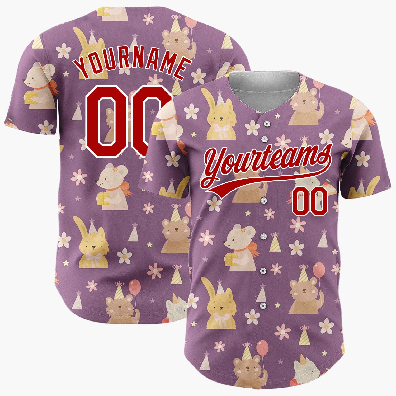 Custom Purple Yellow Cute Animals With Balloons And Flowers Birthday Party Pattern Christmas Baseball Jersey