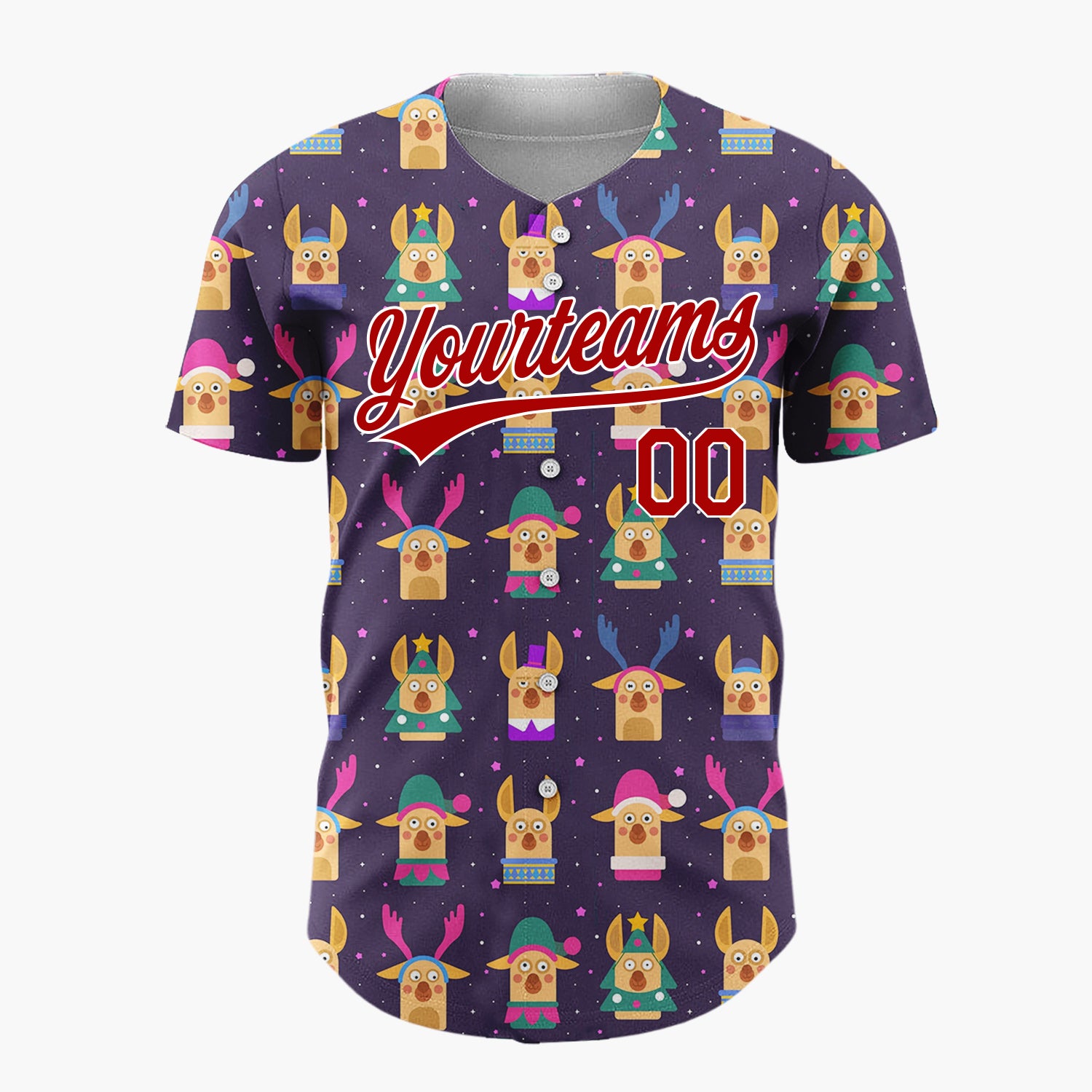 Custom Purple Pink Funny Christmas Reindeers And Trees Cute Holiday Pattern Christmas Baseball Jersey