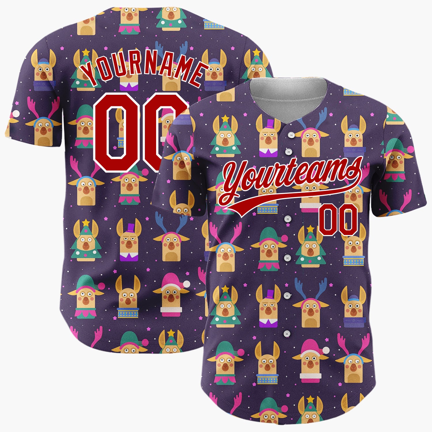 Custom Purple Pink Funny Christmas Reindeers And Trees Cute Holiday Pattern Christmas Baseball Jersey