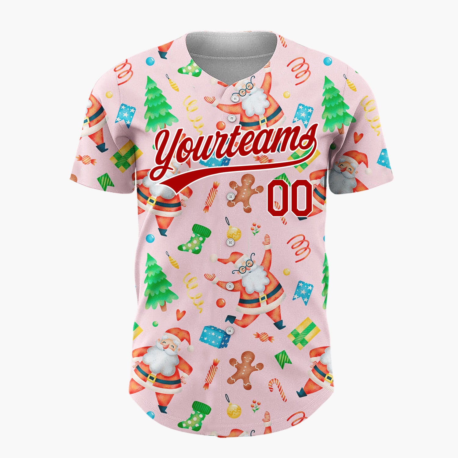 Custom Pink Santa Gingerbread And Tree Watercolor Cartoon Pattern Christmas Baseball Jersey