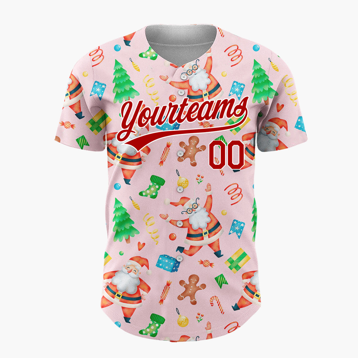 Custom Pink Santa Gingerbread And Tree Watercolor Cartoon Pattern Christmas Baseball Jersey
