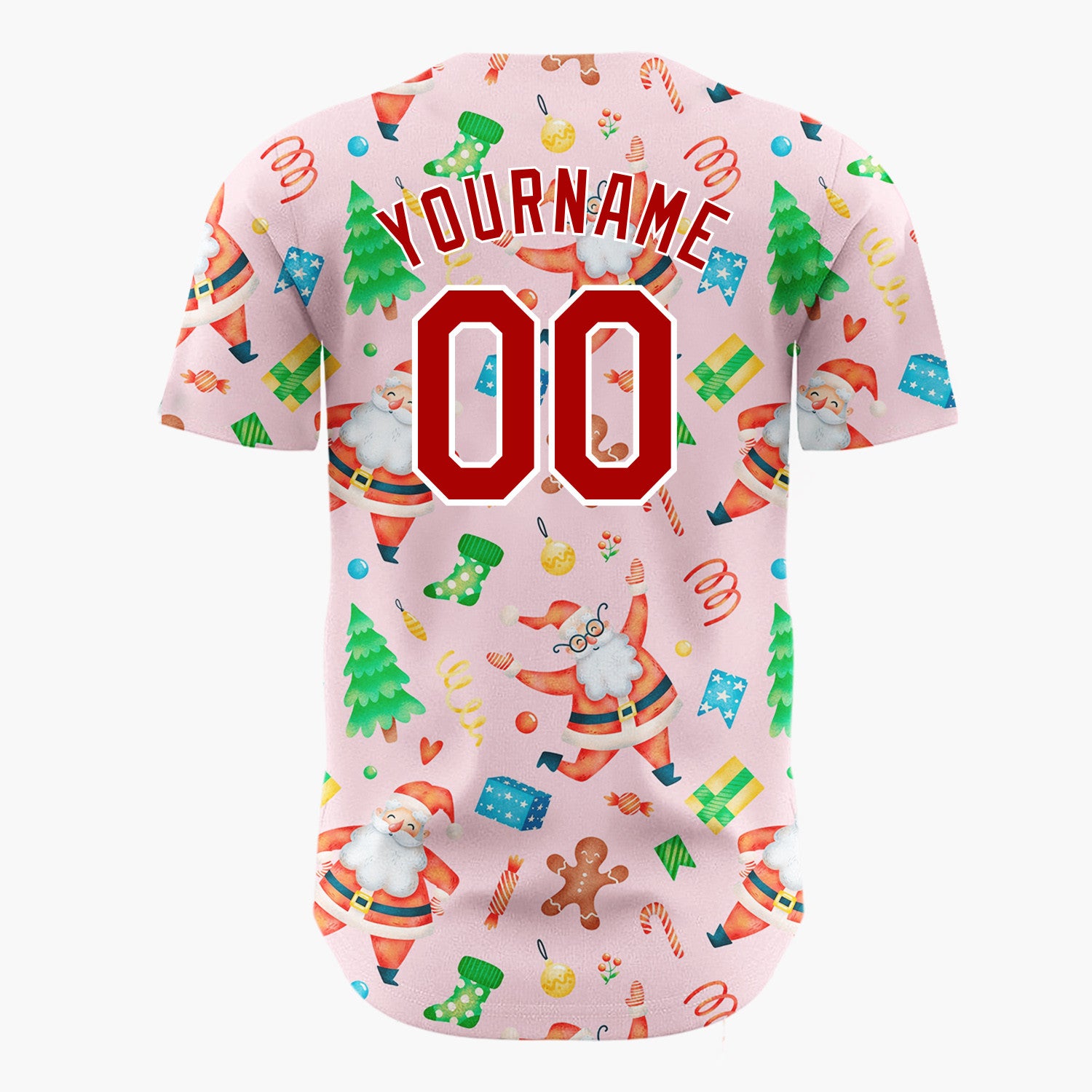 Custom Pink Santa Gingerbread And Tree Watercolor Cartoon Pattern Christmas Baseball Jersey
