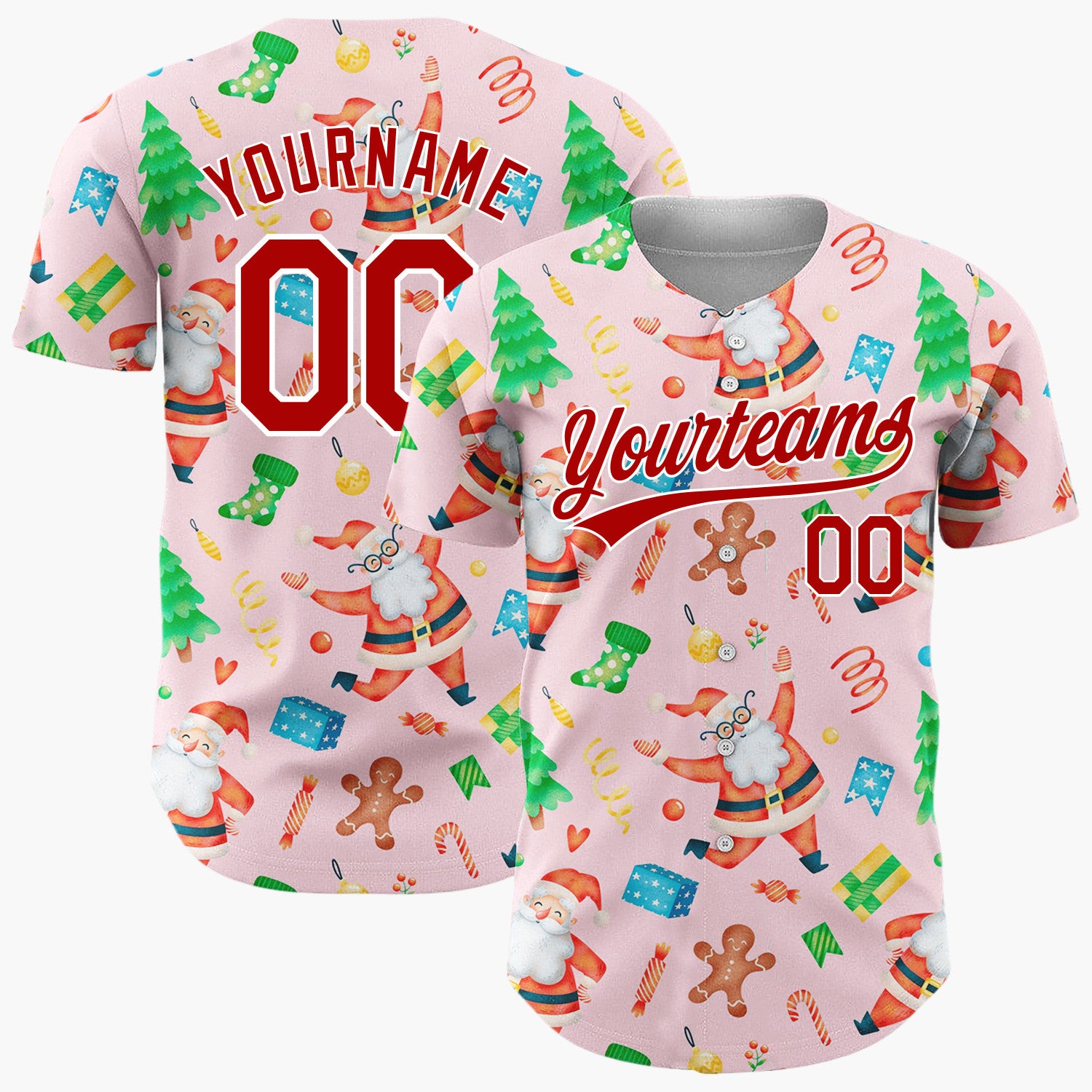 Custom Pink Santa Gingerbread And Tree Watercolor Cartoon Pattern Christmas Baseball Jersey
