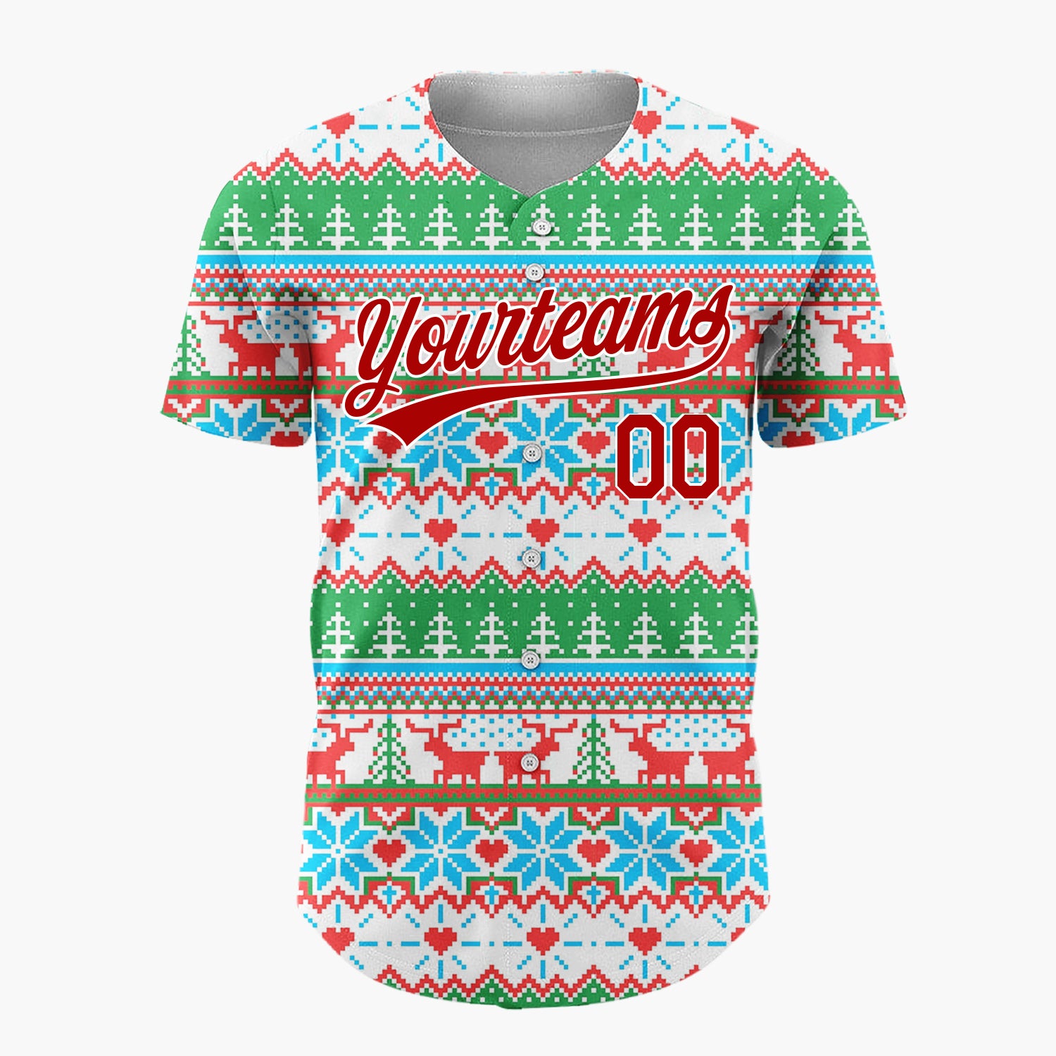 Custom Navy Red Trees Snowflakes And Baubles Nordic Knit Pattern Christmas Baseball Jersey