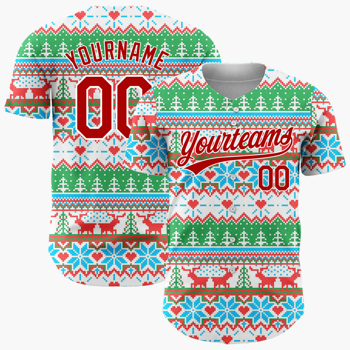 Custom Navy Red Trees Snowflakes And Baubles Nordic Knit Pattern Christmas Baseball Jersey