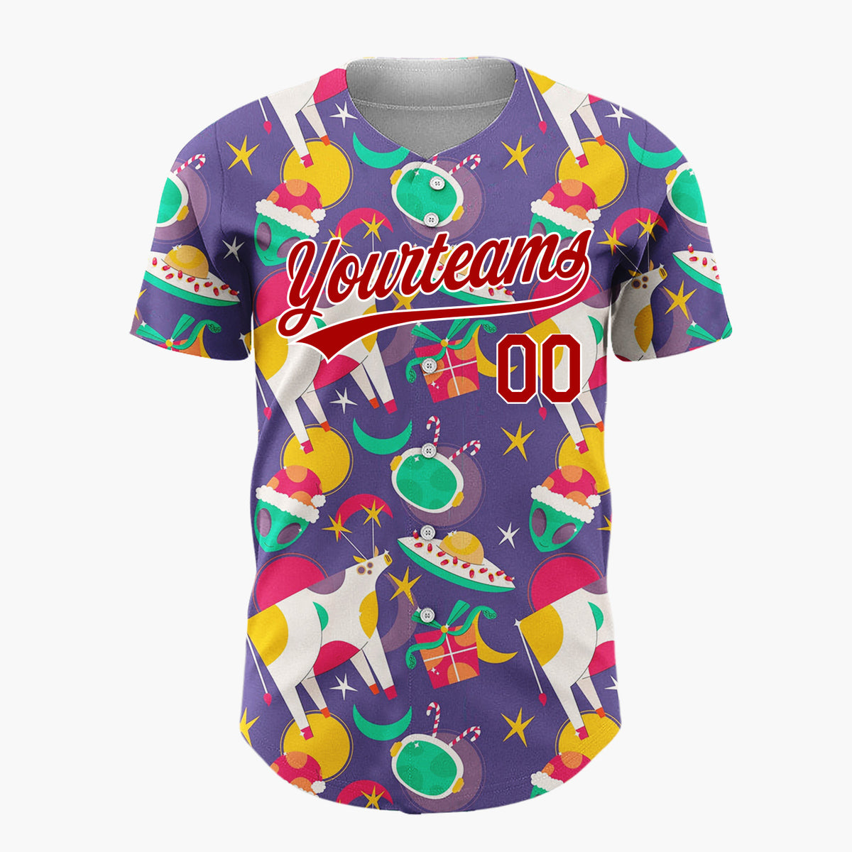 Custom Purple Green Yellow UFO Cows And Aliens Funny Christmas Baseball Jersey