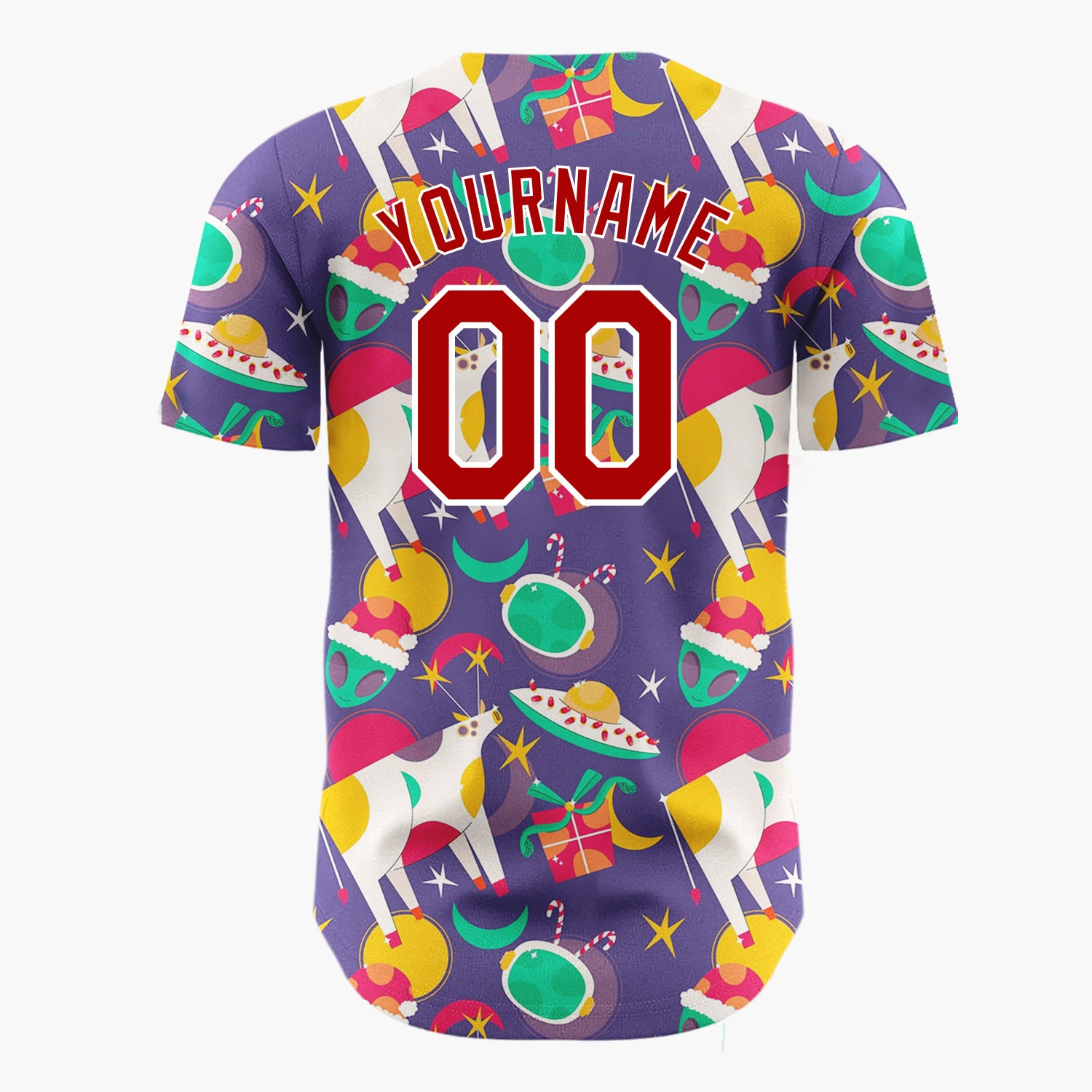 Custom Purple Green Yellow UFO Cows And Aliens Funny Christmas Baseball Jersey