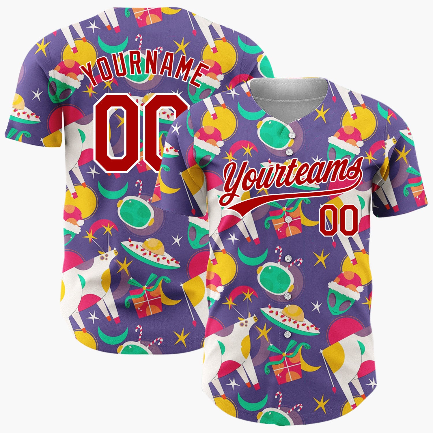 Custom Purple Green Yellow UFO Cows And Aliens Funny Christmas Baseball Jersey