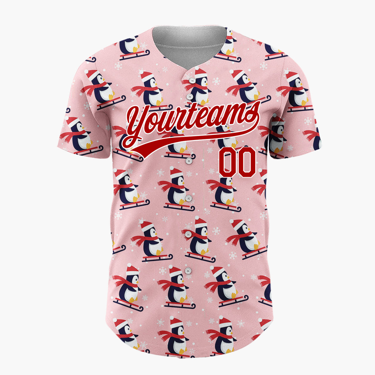 Custom Pink Sledding Penguins Simple Cartoon Pattern Christmas Baseball Jersey