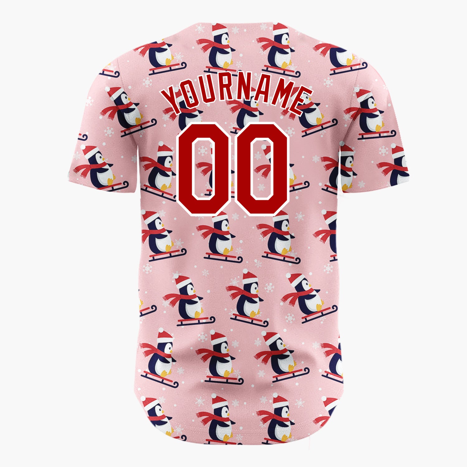Custom Pink Sledding Penguins Simple Cartoon Pattern Christmas Baseball Jersey