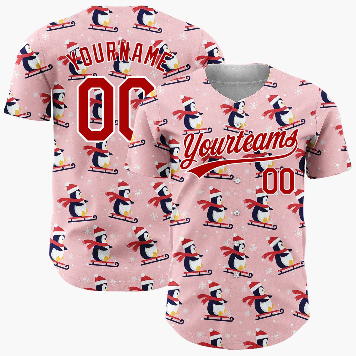 Custom Pink Sledding Penguins Simple Cartoon Pattern Christmas Baseball Jersey