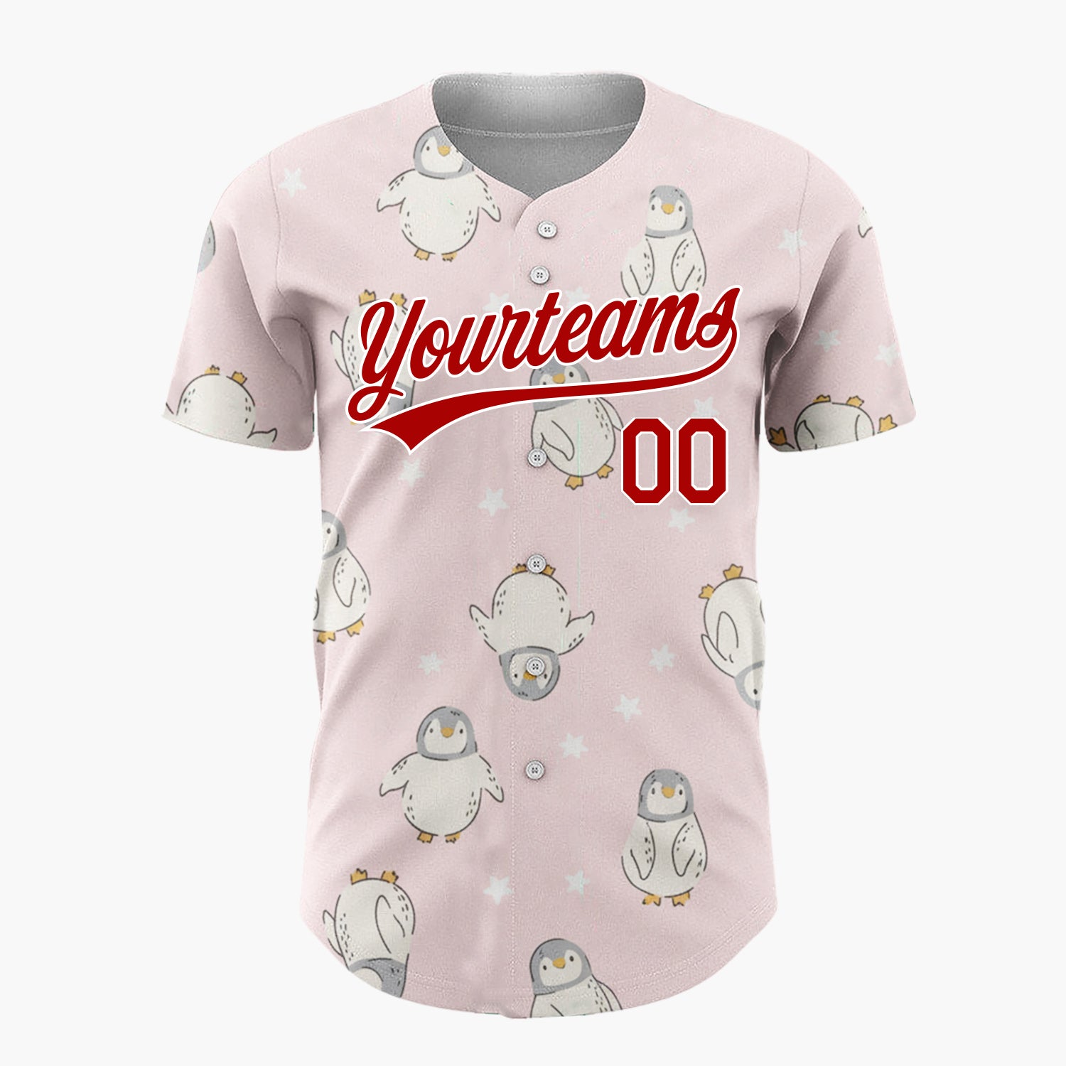Custom Pink White Baby Penguins With Stars Adorable Winter Pattern Christmas Baseball Jersey