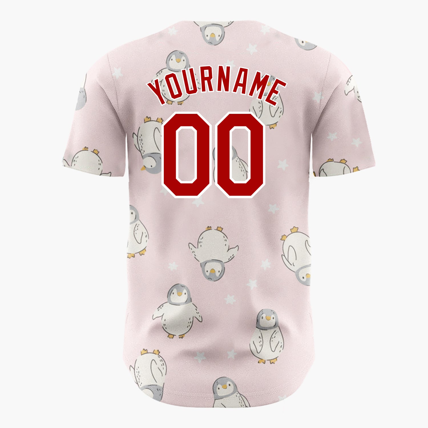 Custom Pink White Baby Penguins With Stars Adorable Winter Pattern Christmas Baseball Jersey
