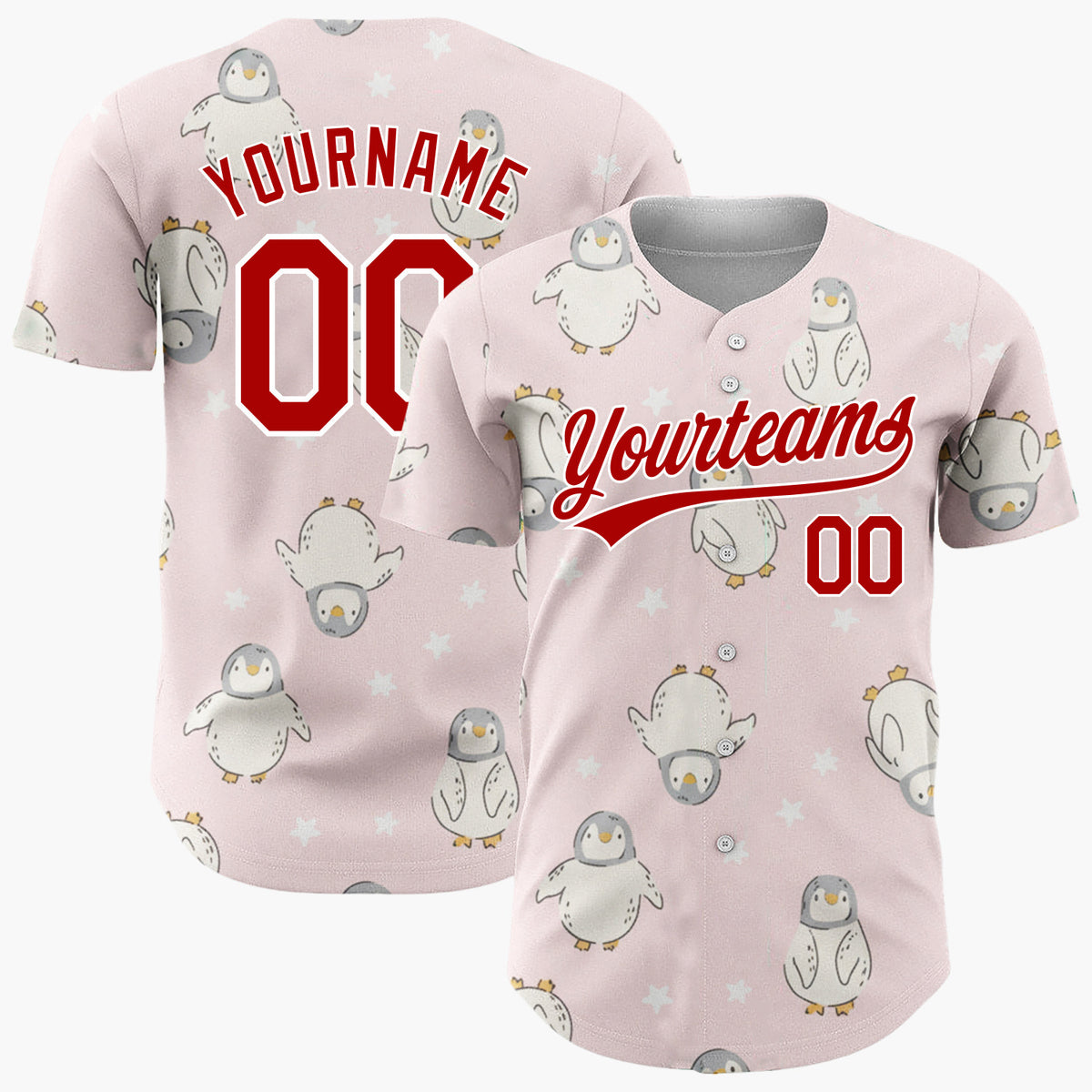 Custom Pink White Baby Penguins With Stars Adorable Winter Pattern Christmas Baseball Jersey