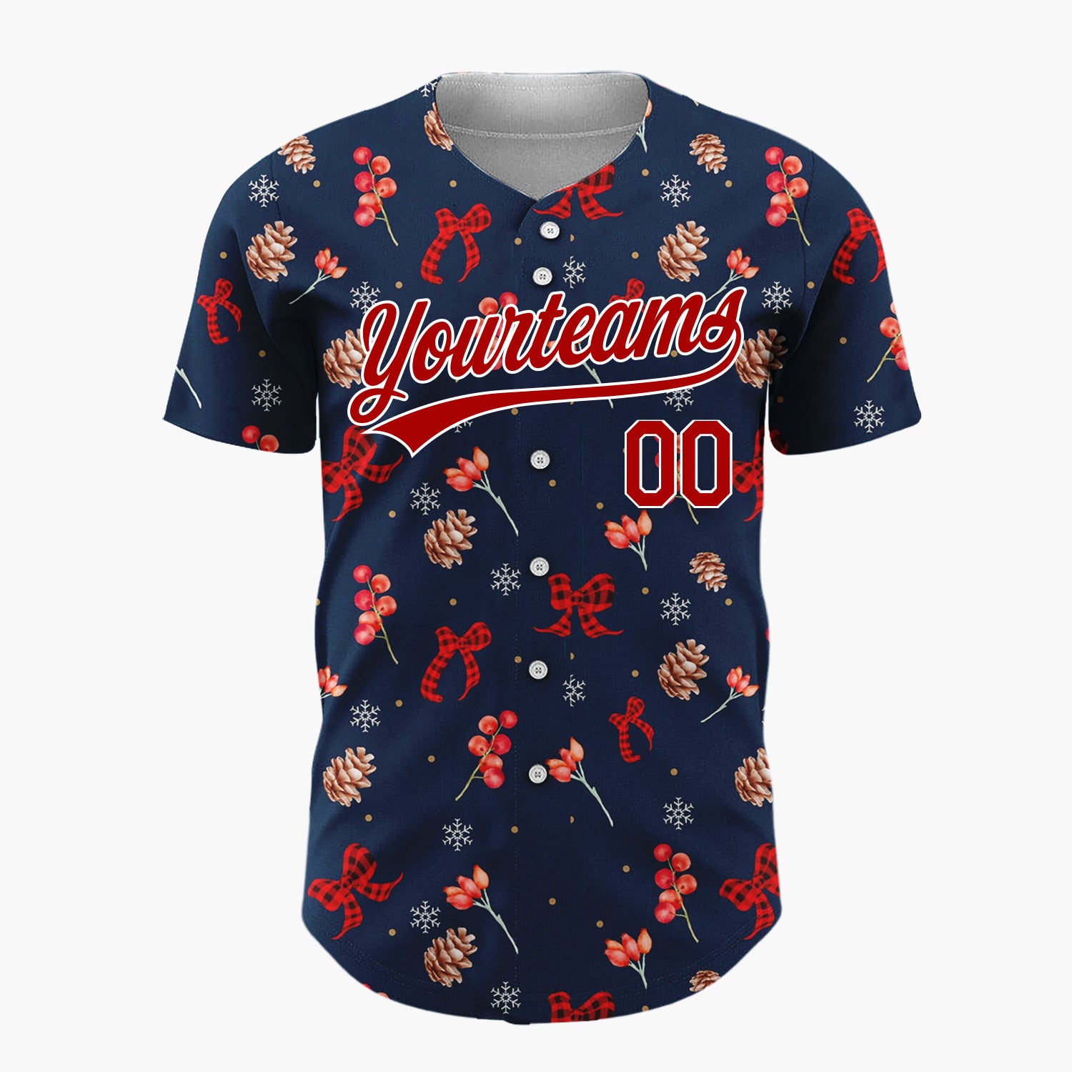 Custom Navy Red Berries Pinecones And Bows Christmas Botanical Pattern Christmas Baseball Jersey