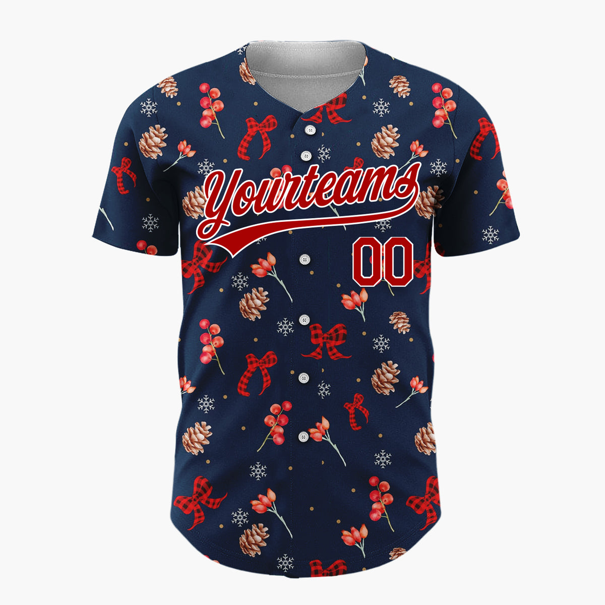 Custom Navy Red Berries Pinecones And Bows Christmas Botanical Pattern Christmas Baseball Jersey