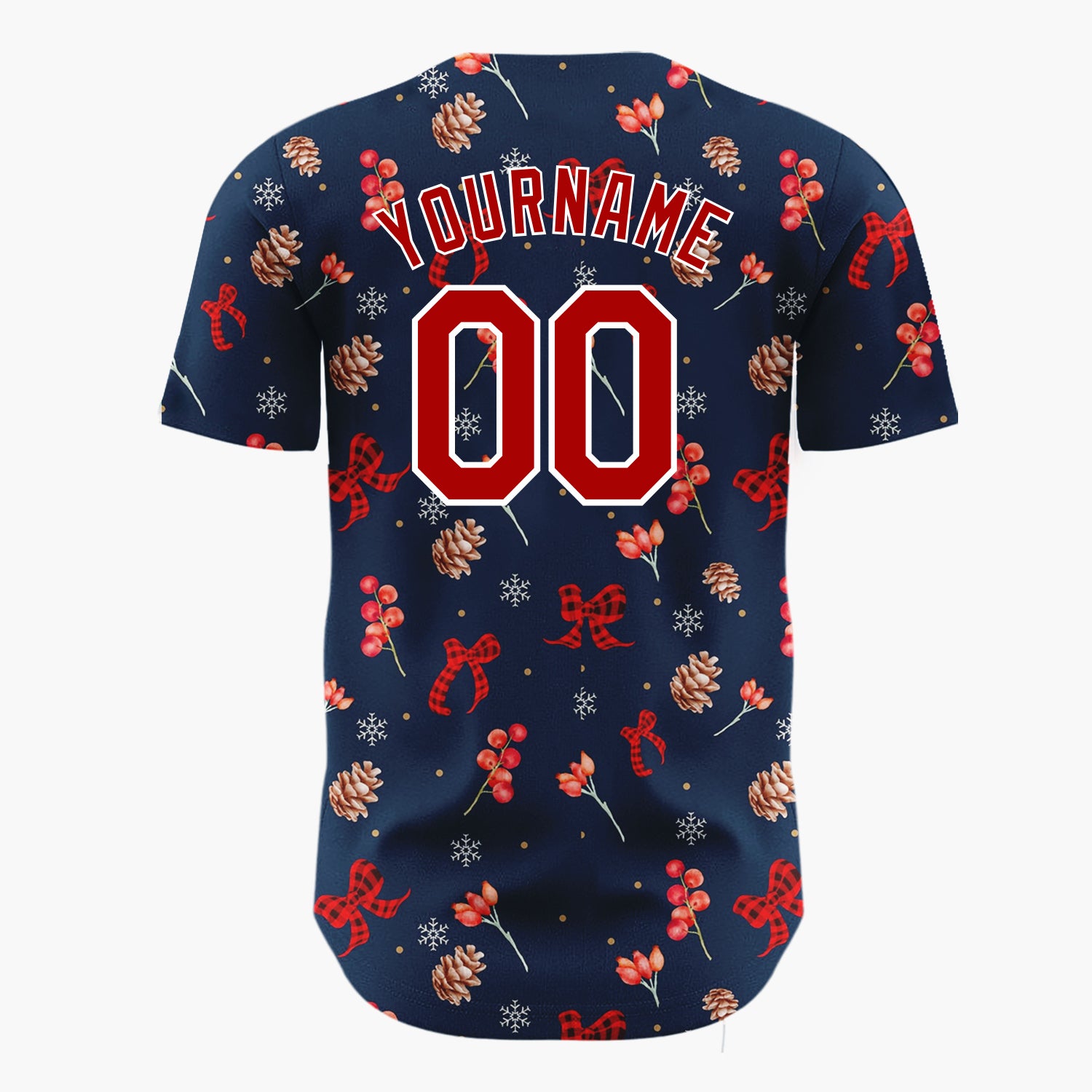 Custom Navy Red Berries Pinecones And Bows Christmas Botanical Pattern Christmas Baseball Jersey