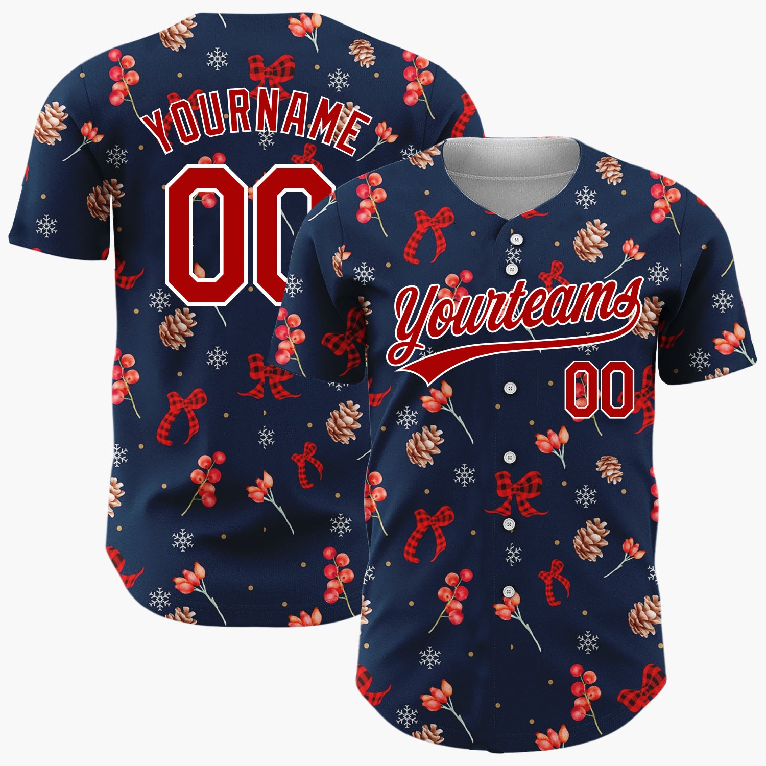 Custom Navy Red Berries Pinecones And Bows Christmas Botanical Pattern Christmas Baseball Jersey