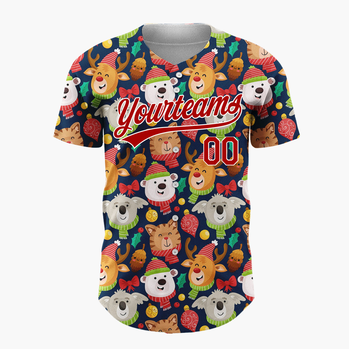 Custom Navy Red Bears Reindeers And Cats With Scarves Cute Holiday Pattern Christmas Baseball Jersey