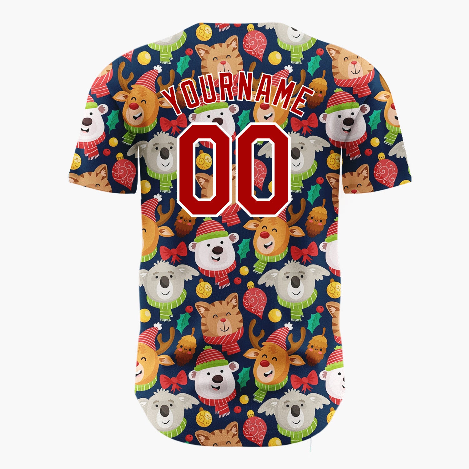 Custom Navy Red Bears Reindeers And Cats With Scarves Cute Holiday Pattern Christmas Baseball Jersey