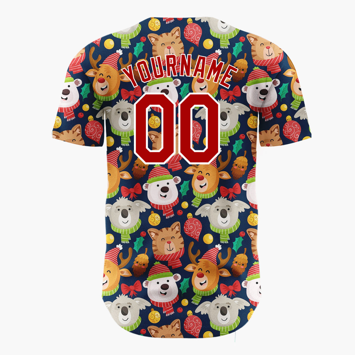Custom Navy Red Bears Reindeers And Cats With Scarves Cute Holiday Pattern Christmas Baseball Jersey