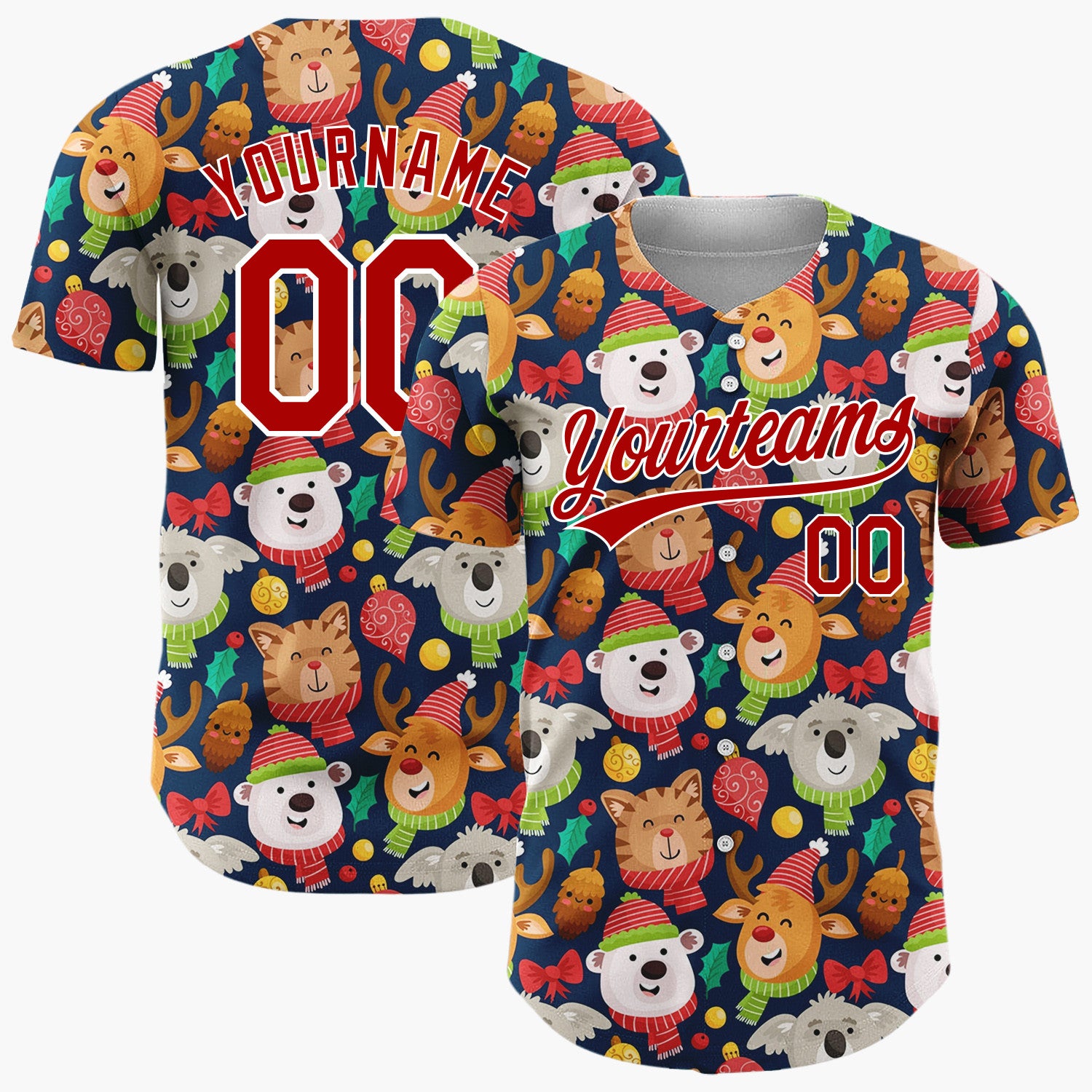 Custom Navy Red Bears Reindeers And Cats With Scarves Cute Holiday Pattern Christmas Baseball Jersey