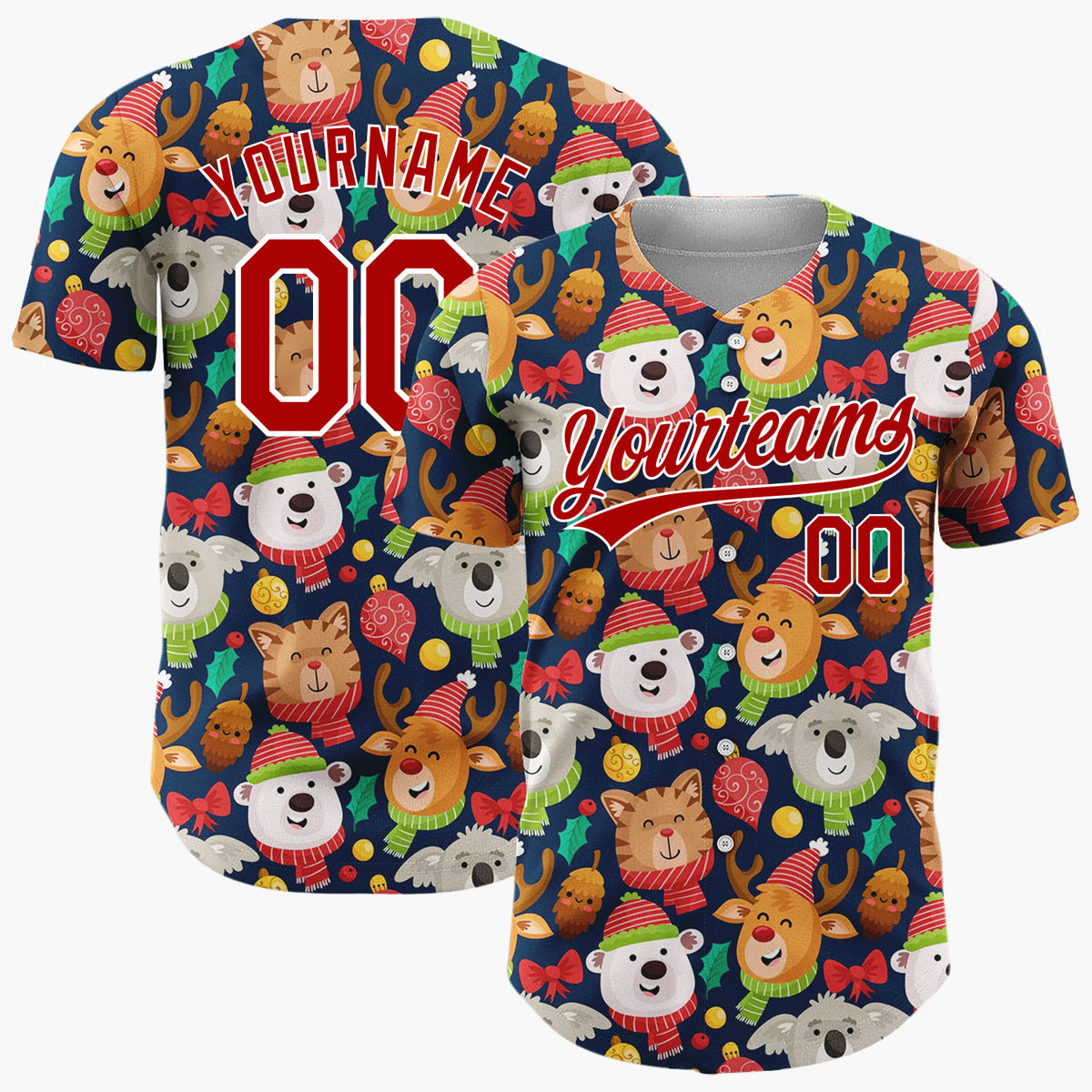 Custom Navy Red Bears Reindeers And Cats With Scarves Cute Holiday Pattern Christmas Baseball Jersey