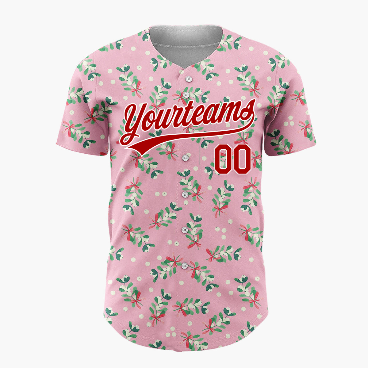 Custom Pink Mistletoe Sprigs Red Bows Whimsical Christmas Baseball Jersey