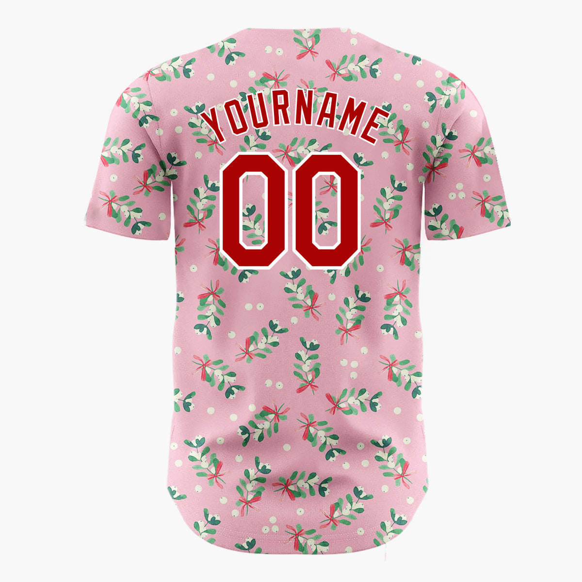Custom Pink Mistletoe Sprigs Red Bows Whimsical Christmas Baseball Jersey