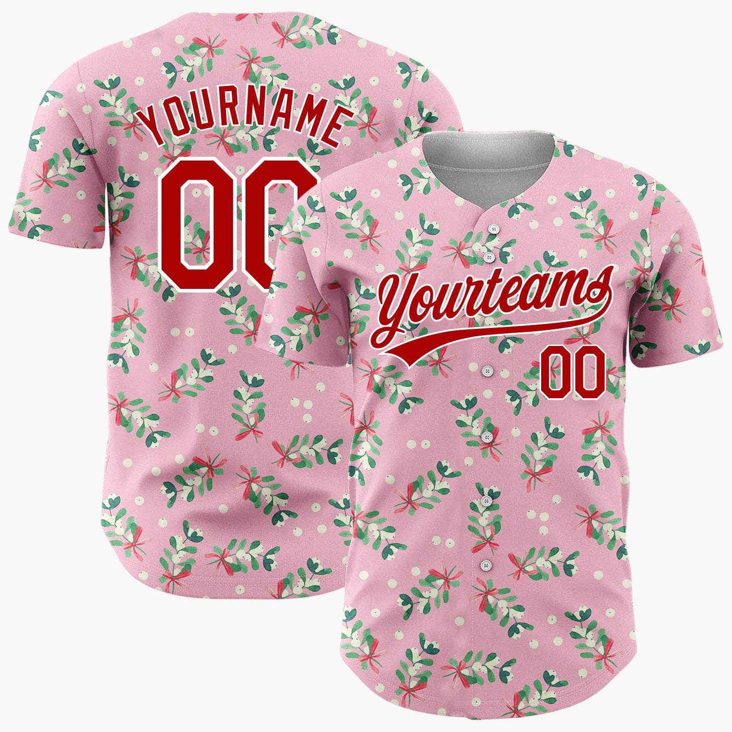 Custom Pink Mistletoe Sprigs Red Bows Whimsical Christmas Baseball Jersey