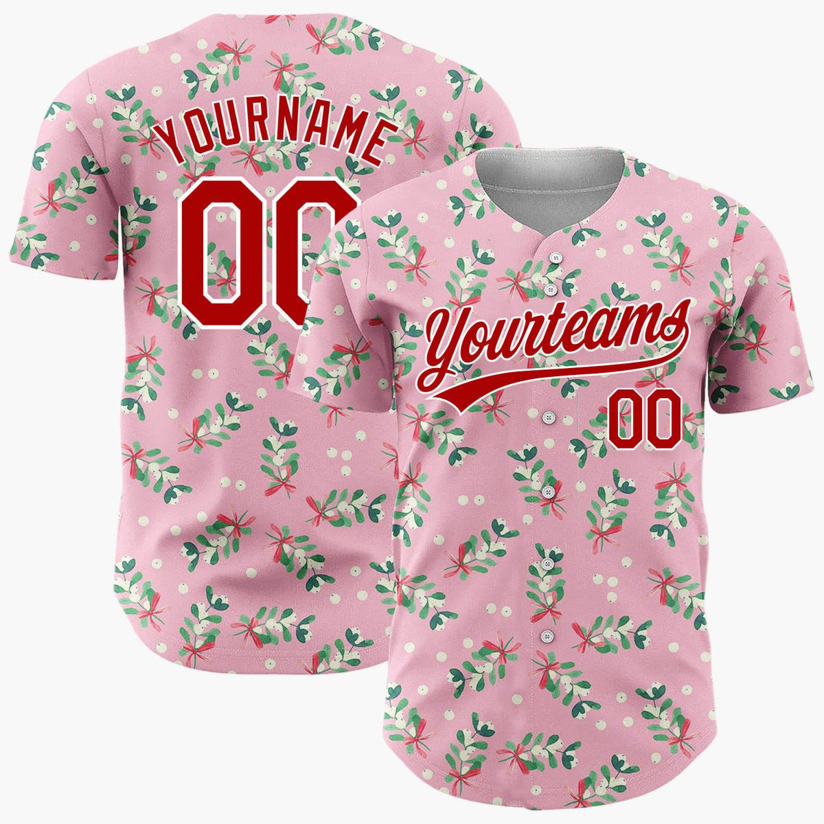 Custom Pink Mistletoe Sprigs Red Bows Whimsical Christmas Baseball Jersey
