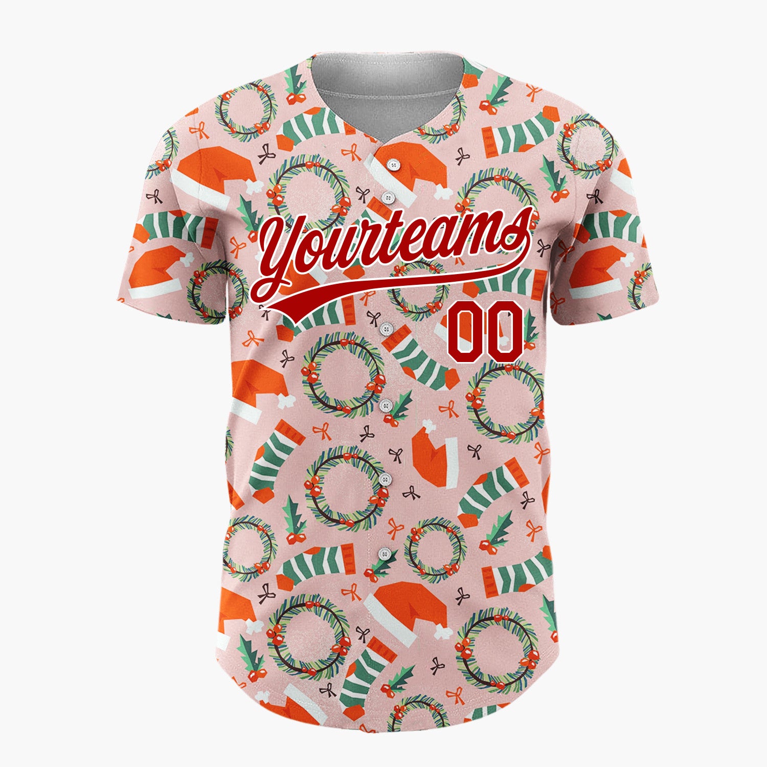 Custom Pink Christmas Hats Wreaths And Stockings Playful Pattern Christmas Baseball Jersey