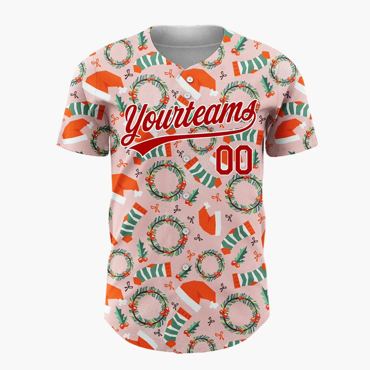 Custom Pink Christmas Hats Wreaths And Stockings Playful Pattern Christmas Baseball Jersey