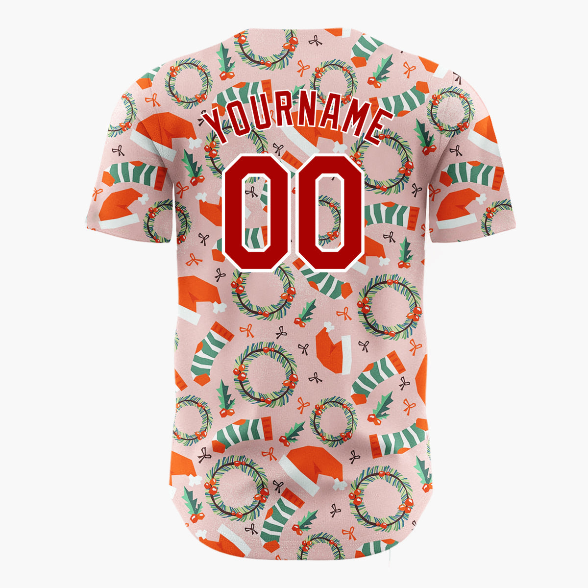 Custom Pink Christmas Hats Wreaths And Stockings Playful Pattern Christmas Baseball Jersey